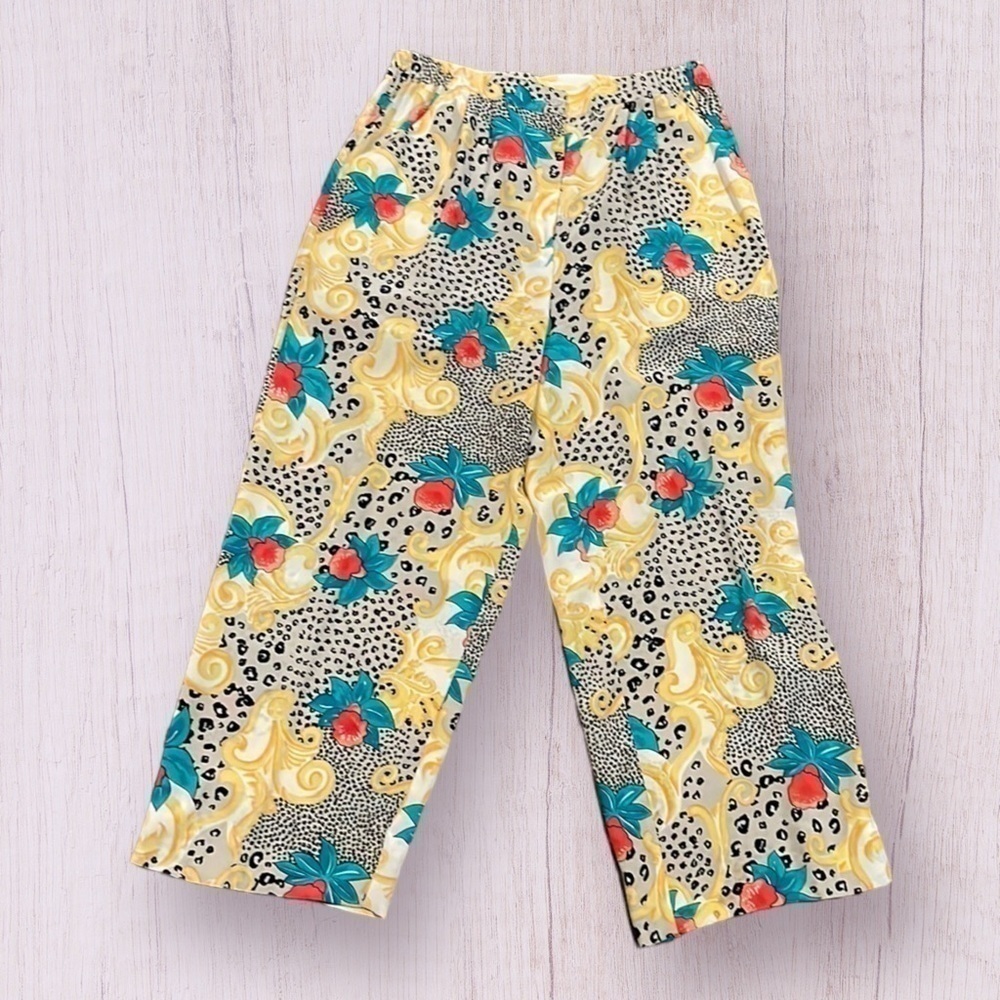 SHERI.E Collection 100% Silk Palazzo Pants Size 12 Leopard Floral Yellow